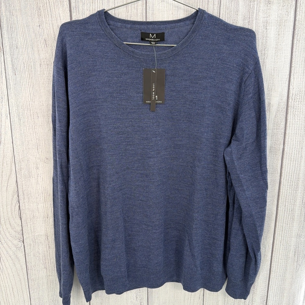 Magaschoni Sweater Men 3XL Denim Blue 100% Wool Crew Neck Lightweight All Season